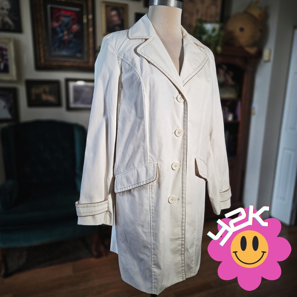 Dennis‎ Basso Trench Coat Cream Button Front Paisley Lining Vintage Style Medium